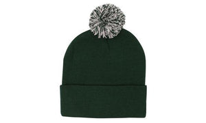 Knitted Acrylic Beanie with Pom Pom - Bottle/White