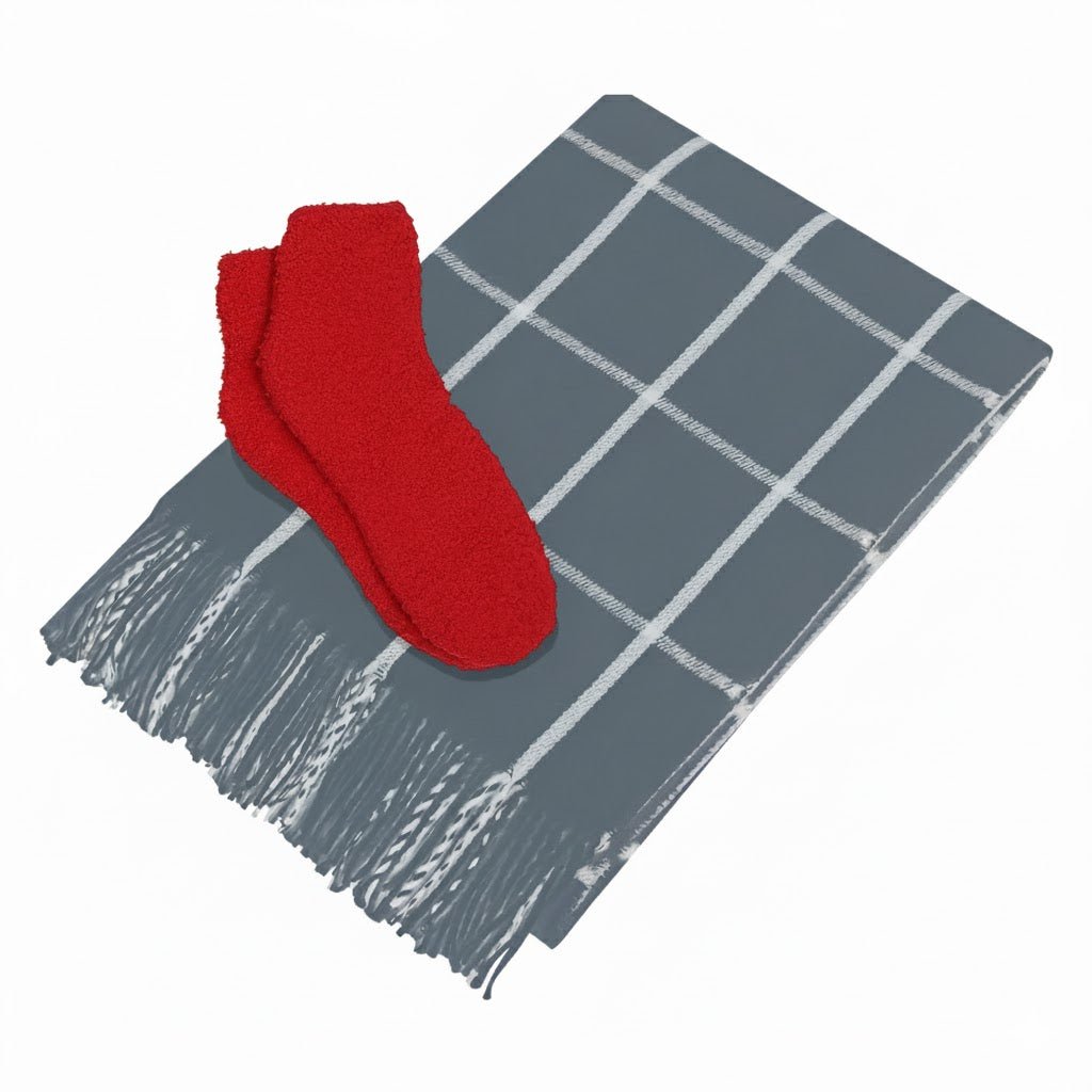 Charleston Throw & Fuzzy Socks Set - Charcoal With White/Red