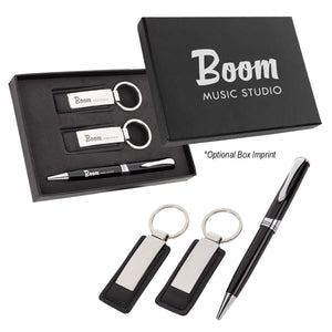 Executive Pen And Leatherette Key Tag Box Set - Silver/Black With Silver