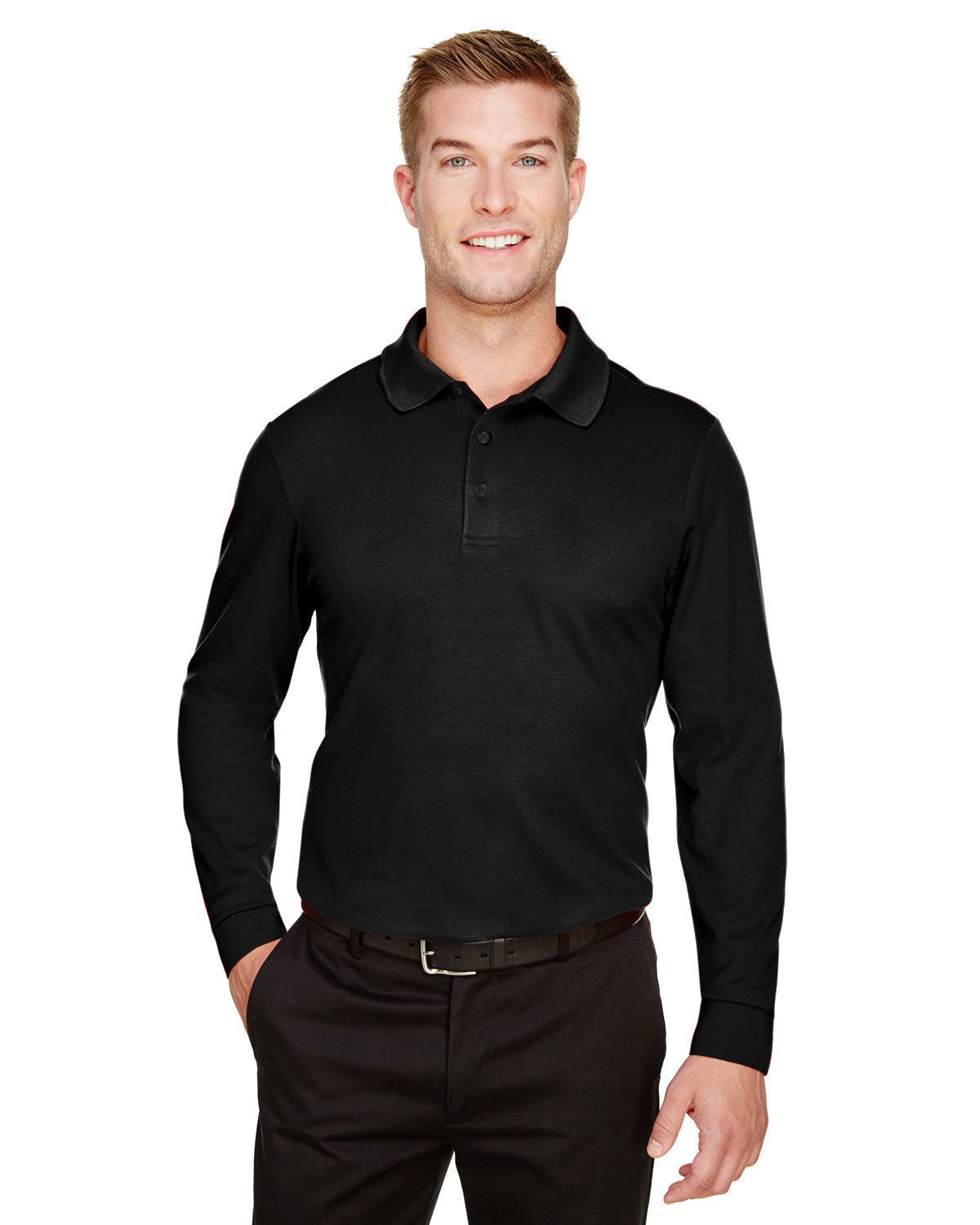 Devon & Jones CrownLux Performance® Tall Plaited Long Sleeve Polo - Black