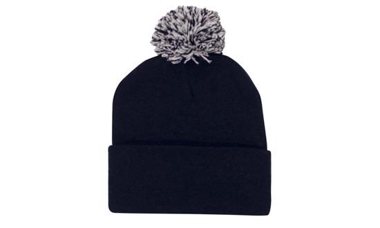 Knitted Acrylic Beanie with Pom Pom - Black/White