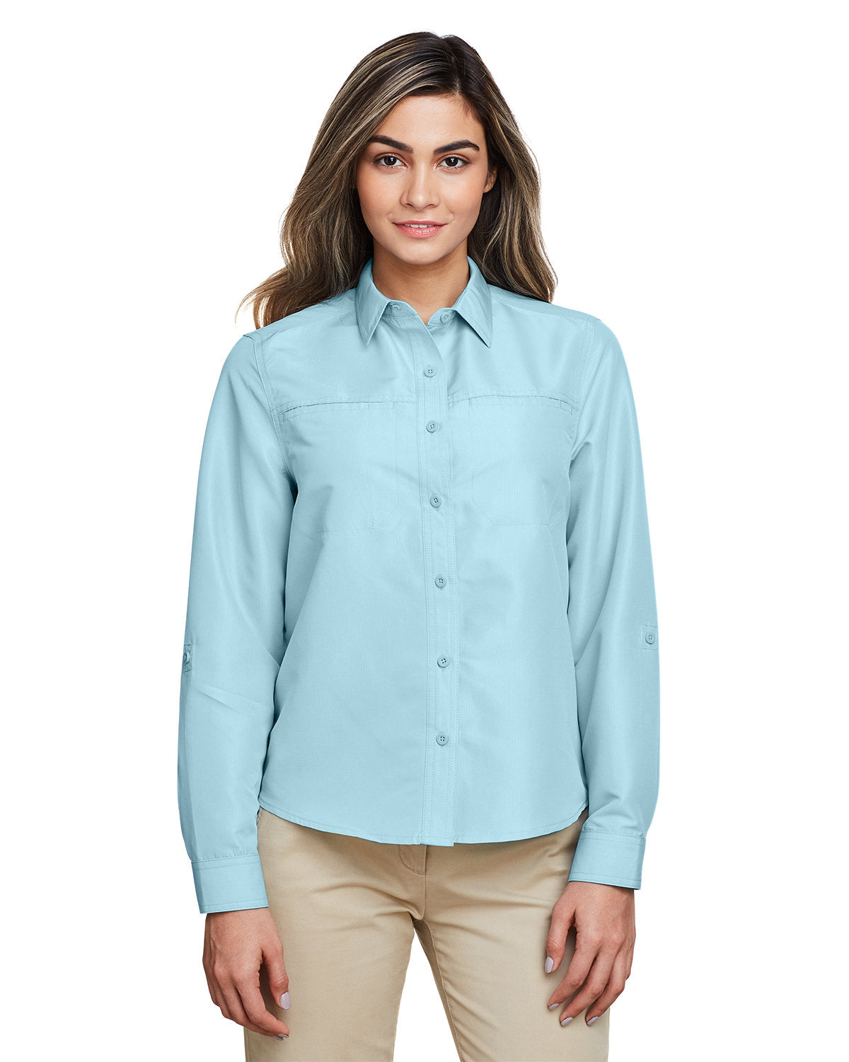 Harriton Ladies' Key West Long-Sleeve Performance Staff Shirt - Cloud Blue