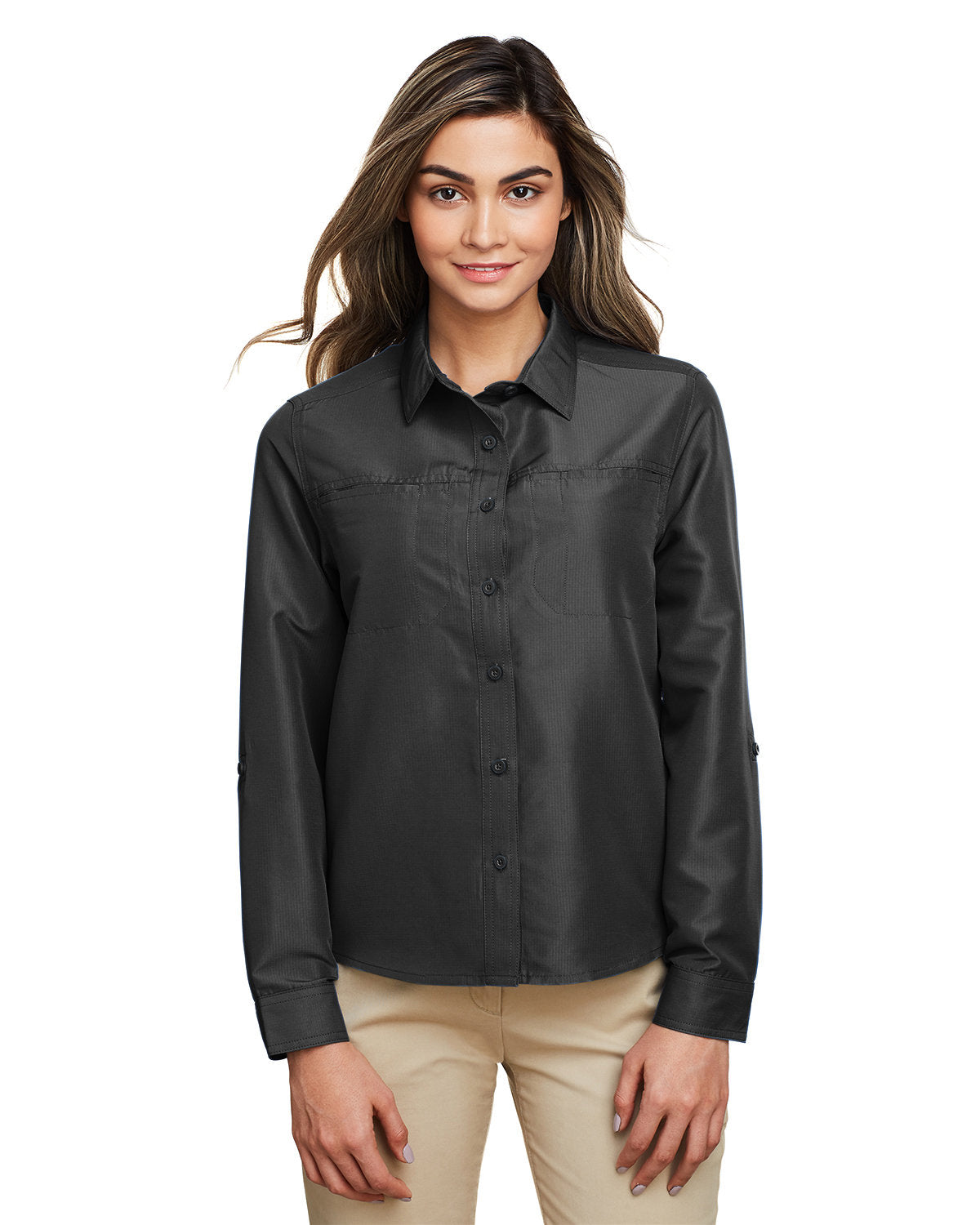 Harriton Ladies' Key West Long-Sleeve Performance Staff Shirt - Dark Charcoal