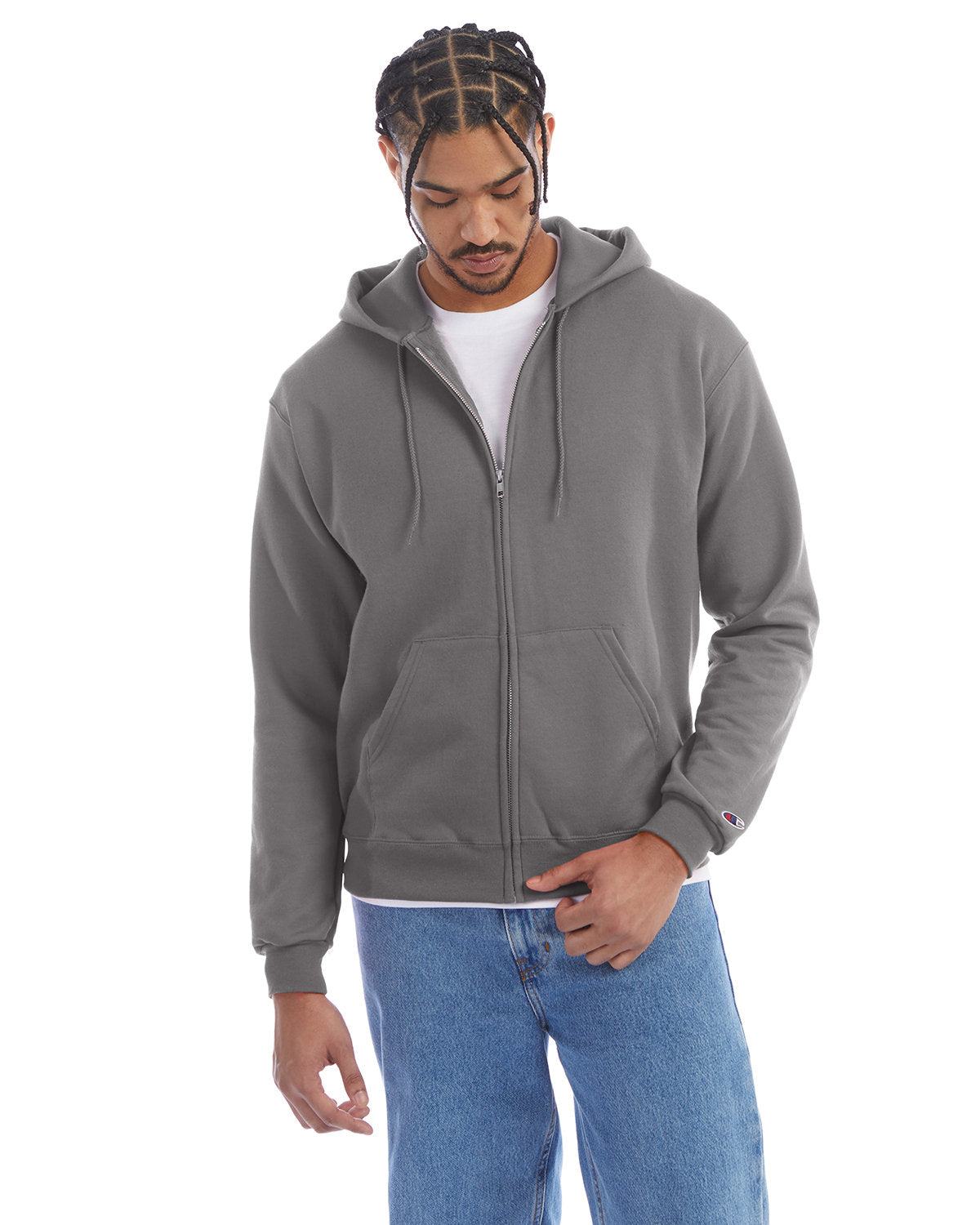 Champion Adult Powerblend® Full-Zip Hooded Sweatshirt - Stone Gray